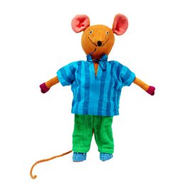 Soft, plush toy mouse figure wearing a blue and green striped outfit. The mouse has large red ears and a red nose, giving it a whimsical, playful appearance.