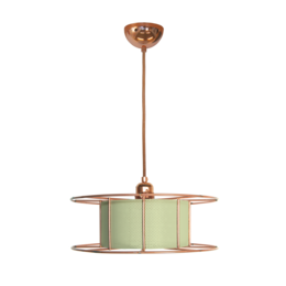 A round, hanging pendant light fixture with a green glass shade and a copper-colored metal frame.