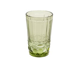  A tall, green glass water glass with a ribbed design, measuring 8x8x13cm.