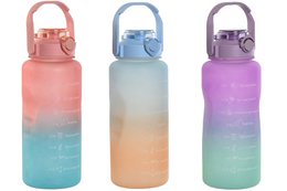  "Colorful gradient water bottles with flip-top lids and carrying handles. Available in pink, blue, and purple shades."

The product appears to be a set of reusable water bottles with a gradient color design. The bottles have a flip-top lid and a carrying handle, making them suitable for travel or everyday use. The colors include a pink/orange gradient, a blue/green gradient, and a purple/pink gradient, providing a stylish and vibrant aesthetic. These water bottles would be suitable for storing and transporting water, juices, or other beverages.