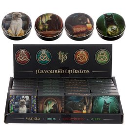 Magical cats lip balm in a tin, featuring colorful images of cats in various poses and settings. The tin contains lip balm with a variety of flavors.
