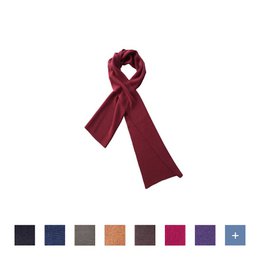 Soft, warm scarf in a variety of colors including burgundy, brown, honey, gray, natural, red, blue, blue-brown, red-brown, charcoal, blue-gold, blue-teal, and orange. Versatile accessory for any outfit.
