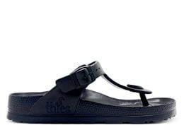 Black vegan thong sandal with EVA sole. Minimalist, casual style.