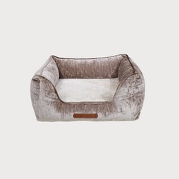  Brown and beige rectangular dog bed with cushioned sides and soft interior lining.