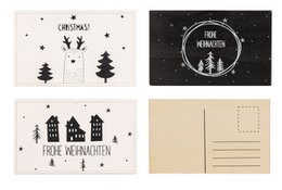 A set of 4 Christmas-themed greeting cards featuring various designs such as trees, stars, and holiday messages. The cards have a minimalist, hand-drawn style with a black and white color scheme.