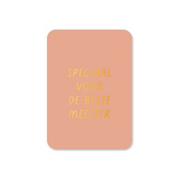  Peach-colored card with gold foil text that says "Special for the best teacher". This greeting card is suitable for celebrating and appreciating a teacher.
