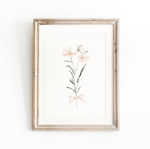 Blush spring flowers with bow, pink wildflowers poster, wildflowers bouquet print, floral nursery print, botanical poster, flower poster, floral nursery print, wildflowers poster, floral nursery poster, peach flowers