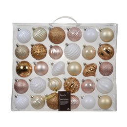  A set of 30 assorted plastic Christmas ornaments in various shades of pink, gold, and white. The ornaments feature a mix of smooth, glittery, and textured finishes, creating a visually appealing and festive display.