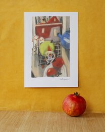  This art print depicts a still life scene with various kitchen items, including a red mixer, kitchen utensils, and a red apple. The image has a warm, cozy feel and would be suitable for home decor or kitchen-themed artwork.