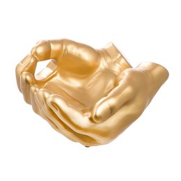  A decorative gold-colored bowl in the shape of hands holding a Buddha figure. The bowl measures approximately 13 cm in height and is made of a metallic material, likely a gold-colored alloy. The bowl has a smooth, polished finish and the hands are sculpted in a cupped shape to hold the Buddha figure.