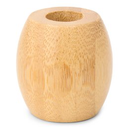 Bamboo toothbrush holder, cylindrical shape, natural material, for storing and organizing toothbrushes.