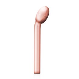 Sleek, rose gold-colored vibrator with a curved, ergonomic design for targeted stimulation.