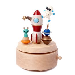 Wooden music box with colorful rocket ship and astronaut figurines. Suitable for children's space-themed decor or toys.