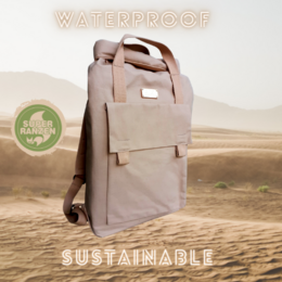 Beige waterproof and sustainable backpack with rolltop design, suitable for urban use.