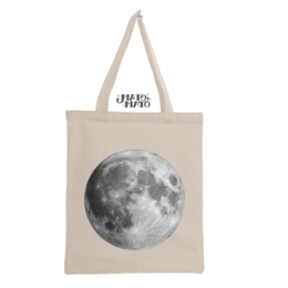 A large, detailed image of the moon printed on a natural-colored organic cotton tote bag. The bag features sturdy handles and the text "Hello Moon" printed below the moon image.
