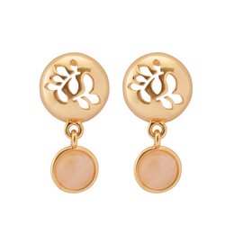 Gold-plated drop earrings featuring a round rose quartz stone and a circular cutout design.