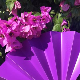  Violet opaque hand fan with pleated design, suitable for warm weather and decorative purposes.