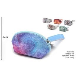 Oval-shaped wallet in vibrant blue, pink, and purple tones with a lotus flower design, measuring 15x9x8cm.
