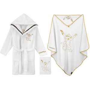 Luxus Baby Wellness Set (3 teilig) Bademantel, Kapuzendecke, Waschlappen 100% Baumwolle - in Gold gesticktes Tiermotiv Affe