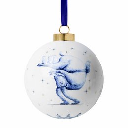  Round white ceramic Christmas ornament ball with blue Steenbok antelope illustration and gold cap