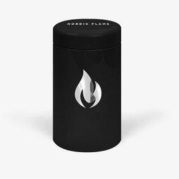 Black cylindrical match tube with flame logo. Contains matches for lighting fires.