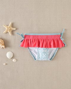 Babymeisjes retro print blauw en fuchsia ruche romper M191-23504032