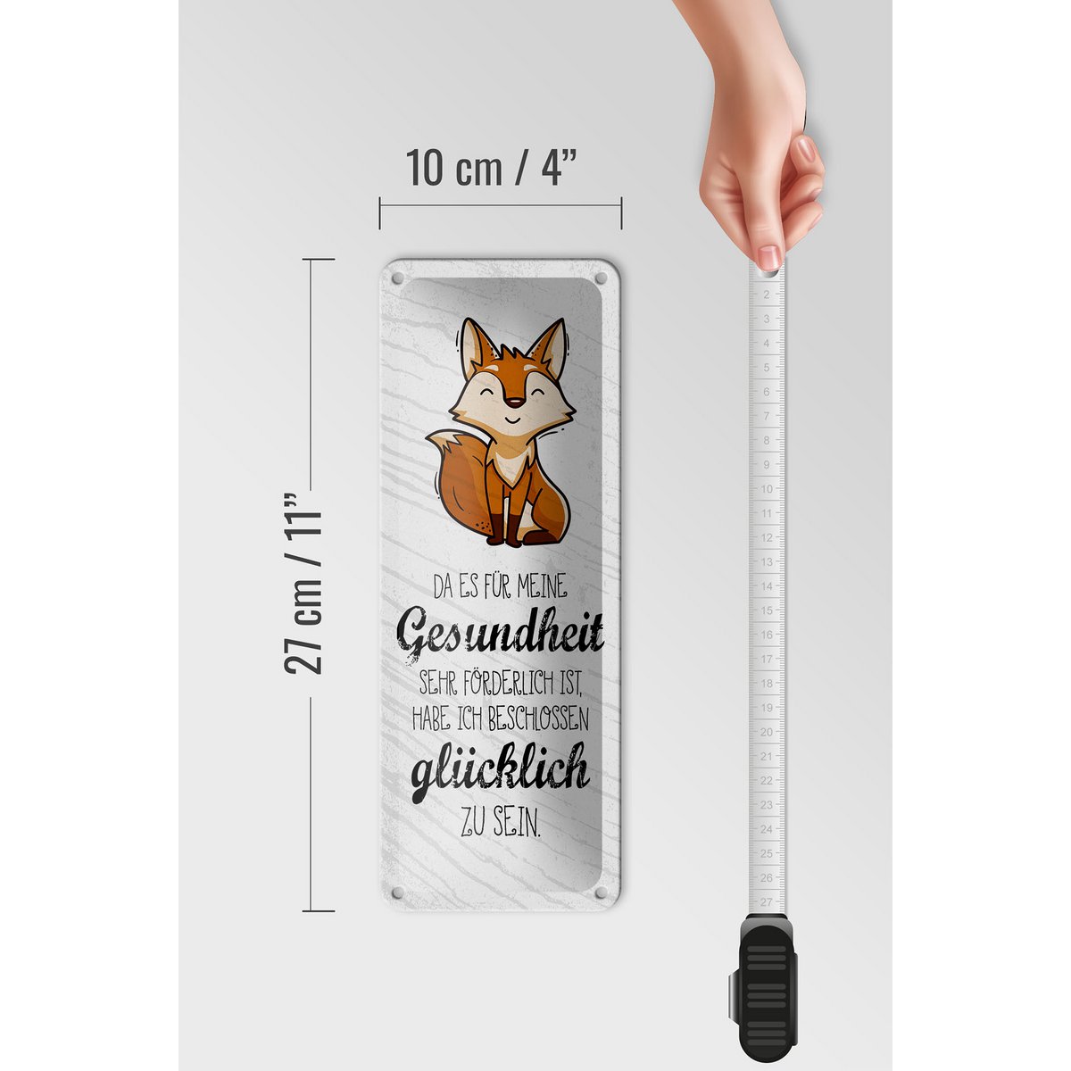 Blechschild Spruch 27x10 cm für Gesundheit förderlich glücklich zu sein Schild