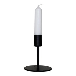 A round, white candle on a black metal stand. The candle is approximately 8x8x10cm in size and is suitable for use as a candle plate or holder.