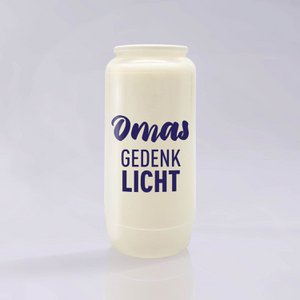 Graflicht, donkerblauw "OMAS GEDENKLICHT", eeuwig lichte oliekaars 14 x 6,5 cm