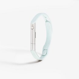 Aqua and silver self-defense bracelet for sports and fitness activities. Features a sturdy design with a sleek, modern look.