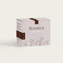 Boostea - a premium tea product packaged in a rectangular box with a minimalist design featuring the brand name and a floral illustration.