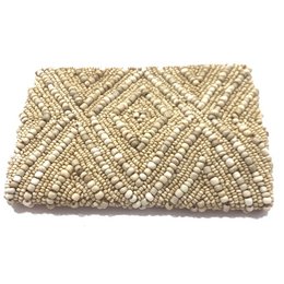  Beige and gold woven wallet with intricate geometric pattern, made of durable materials suitable for everyday use.