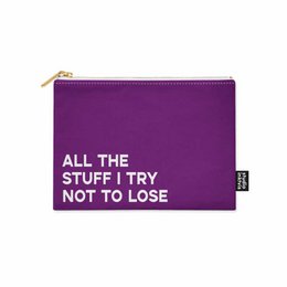 A purple makeup pouch with the text "ALL THE STUFF I TRY NOT TO LOSE" printed on it. The pouch appears to be made of a durable material and has a zipper closure.