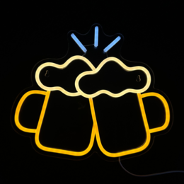  Neon wall light in the shape of beer glasses with the text "Cheers" displayed. The light measures 30 x 35 cm and includes hanging hooks for easy installation.