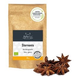 Star anise, organic spice, 50g. Whole star-shaped pods with a licorice-like flavor, used in Asian cuisine and teas.