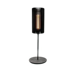 Tubo Bedside table lamp in matte black with a cylindrical metal shade and a single light bulb.