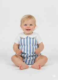  A blue and white striped baby romper with a V-neck and snap closure. The romper has a classic, casual style suitable for everyday wear.