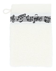 Cream-colored wash mitt with woven music line