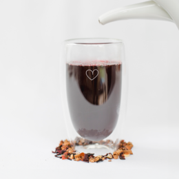 Thermo glass tumbler with heart-shaped design, 450 ml capacity, suitable for hot and cold beverages.