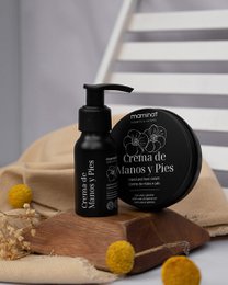 Natural moisturizing hand and foot cream in a silver bottle with a pump dispenser. Suitable for dry skin on hands and feet.