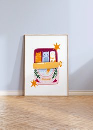 Colorful poster featuring three cats in a tin can with a star and floral accents.