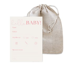  A set of 10 pink baby shower cards with a drawstring linen bag. The cards feature a simple "Baby!" text design in a cursive font against a white background.