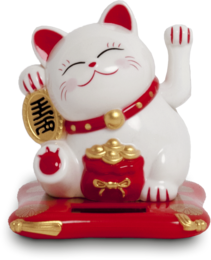  A white ceramic figurine of a lucky cat with red accents, measuring approximately 9x10x10.5cm. The lucky cat is waving its paw and holding a gold coin, symbolizing good luck and prosperity.
