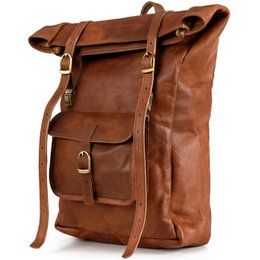  A large, brown leather backpack with a roll-top closure, multiple pockets, and adjustable straps. The backpack has a rugged, vintage-inspired design.
