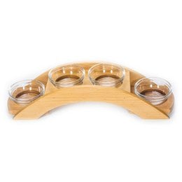 Wooden serving tray with 5 glass bowls for condiments or dips. Tray is made of light-colored wood with a natural finish. Bowls are clear glass and appear to contain various sauces or dips.
