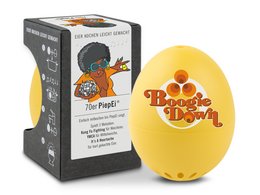 Egg-shaped kitchen timer with "Beep Down" branding, featuring a retro-style design in yellow and black colors.