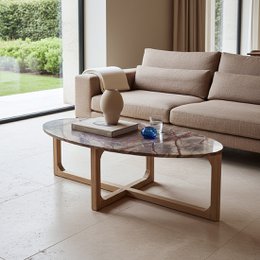  Oval marble coffee table with wooden frame, 120x60x38 cm in size, suitable for living room.