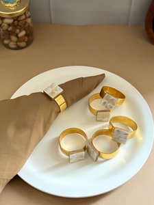 Blue & Gold Toned Square Mother of Pearl Napkin Rings – Table Accessories – Metal & MOP – 6 Pc Set