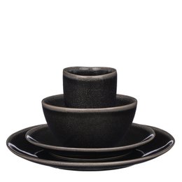 Black 4-person dinner set with plates, bowls, and cups.