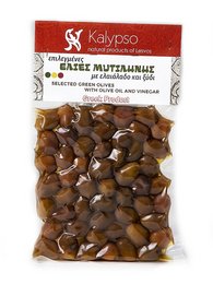 Green olives from Lesvos Island, Greece, in a resealable package.